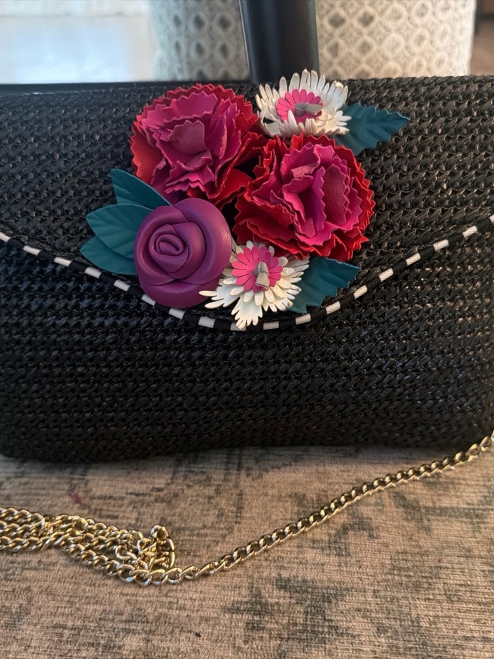 Betsey Johnson Black Straw Clutch with Pink & Purple Floral Appliqué
